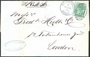 Z 30. DWI. One 1/- green (pl 9) on complete cover, cancelled with duplex "St Thomas Paid A No 28 74, C 51" and sent to London.