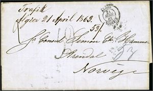 Komplett brev, datert "Alger den 21de Aperil 1863" og sendt via Paris og Sandøsund til Arendal. Forsiden påstemplet fransk portotall "52" samt påskrevet dampskipsnavn "Trafik", "Algier 21 April 1863" og porto"53" (skilling).