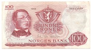 100 kroner 1965 Z.8023089. 8 million erstatningsseddel. 45b. RR-seddel. Kv.1