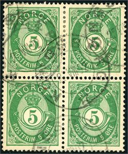 52 III. 5 øre 20 mm i 4-blokk, stemplet "Kongsberg".