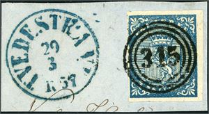 1. 4 skilling Våpen 1855, på lite brevstykke, annullert med nummerstempel "315", og ved siden stemplet "Tvedestrand 29.3.1857". Tre normale marger, smal i venstre side.