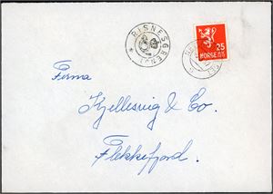 354. 25 øre Løve på konvolutt, stemplet "Netlandsneset 5.3.47" og ved siden KPH "Risnesgrendi" (VA, 8 pkt).