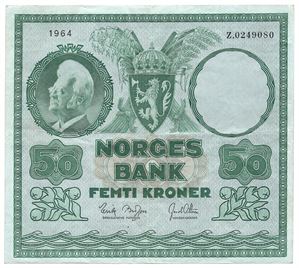 50 kroner 1964 Z.0249080. Erstatningsseddel. R-seddel. Kv.1+