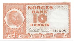 10 kroner 1972 X.6642092 erstatningsseddel. Kv.01