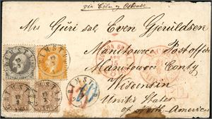 2,3,10. 53 skillings porto til Amerika. 2 skilling-, 3 skilling- og to 24 skill på konvolutt til Wisconsin, stemplet "Grimstad 19.3.1865". Ved siden påskrevet "via Cöln og Ostende" samt stempler fra "Aachen" og "Boston". "Svinesund" og "Hamburg" på baksiden. En 24 skill med kort hjørnetagg. Attest FCM.
