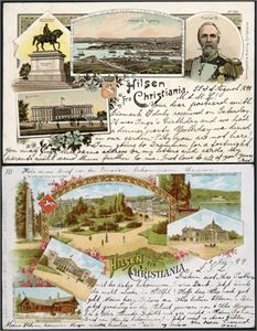 Hilsen fra Kristiania. 11 ulike kort, hvorav 3 i farger. Alle brukt i perioden 1897/1900.
