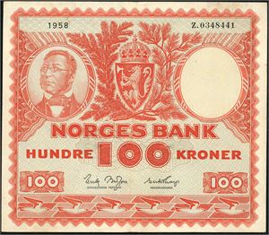 100 kroner 1958, serie Z.0348441. Erstatningsseddel. 1/1-