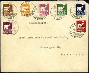 130/36. Polmerker i komplett serie på konvolutt, stemplet "Oslo 1.4.1925". Konvolutten med et par mindre anmerkninger som ikke berører merkene. (8.000,-).