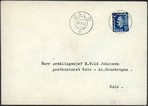 401. 55 øre Haakon i blå farge på konvolutt, stemplet "Oslo 28.1.52". (4.300,-).