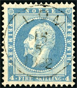 4 c. 4 skilling Oscar i melkeblå nyanse, fullstemplet "Lom 15.5.1862" (OP, 10 pkt).