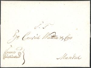 Komplett brev, fra Øster Riisøer til Mandal, 14. febuar 1832. Påskrevet "franco Christianssand" nede i venstre hjørne. Porto og kartering på baksiden.
