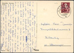 456. 35 øre Olav på postkort, anert med hjelpestempel "Bygland 20.7.62".