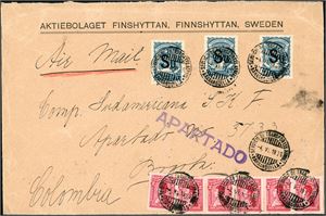 SCADTA LA 678,Columbia 241. Envelope from the company Finnshyttan, Sweden franked with two 30 c SCADTA with overprint "SU" (Sweden) together with six 2 c Colombia 1917, cancelled "Serwicio de Transportes Aereos Barranquilla 4.6.1929" and sent as Airmail to Bogota, Colombia. "Servicio Transportes Aereos Bogota 6.6.1929" cds at reverse. A light vertical crease, goes through the envelope, but its look like it goes under the left Scadta and the left 2 c.