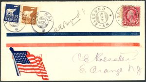 2c Washington US-stamps on envelope together with two Norwegian stamps (One 2 øre and one 15 øre Polarbear), cancelled "Ny-Ålesund 9.5.26". Signed by Richard Byrd during expedition when Byrd claimed to have flown to the North Pole. In addition, a Postcard with pictures of Commander Byrd and the aeroplane "America".