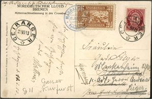 100,Spitsbergen E 31. 10 øre posthorn på postkort, stemplet "Geiranger 29.7.13" og ved siden påsatt en 30 øre Spitsbergen-etikett, stemplet "Magdalena Bay Spitzbergen 17. Juli 1913".