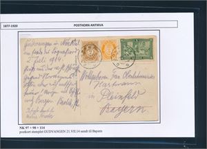 Postkort Nærødalen med Nk 97, 98 og 114 stemplet "GUDVANGEN 21 VII 14" til Pleinfeld, Tyskland. Foto begge sider