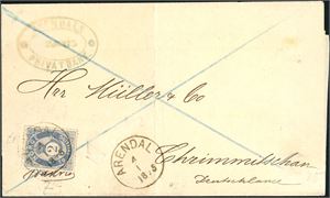 17 c. 2 skillings porto til Tyskland. 2 skilling Posthorn på trykksakomslag til Crimmitschau, stemplet "Arendal 4.1.1875". Tysk stempel på baksiden.