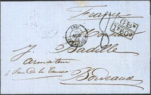 DWI. A complet letter, dated "Saint Thomas 12 November 1864" and sent to Bordeaux. "GB 1F60c" in box, "Angl. Calais28 Nov 64" and French postage number "8" at front. "St Thomas No 13 1864", "N N London No 28 64", "Paris" and arrivalpostmark at reverse.