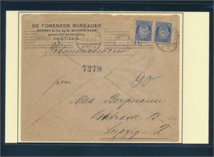 Nk 79 x2 på rekbrev stemplet "KRISTIANIA 1 V 08" til Leipzig, Tyskland