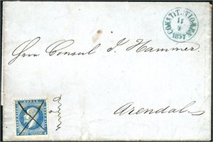 4. 4 skilling Oscar brevomslag til Arendal, anert med blekkryss og ved siden stemplet "Constitutionen 11.1.1857".