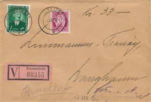 Hjelpestempel BRØSTADBOTN HJ-IIA 31 12 49 (Troms) på verdibrev. Poståpneriets lakksegl bak. Brukstid drøyt 6 uker.