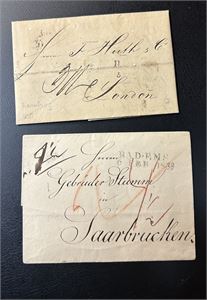 TYSKLAND - PREFRIM 2 brev, Altona 5. jan 1827 til London og Bad Ems 6 feb 1838 til Saarbrücken