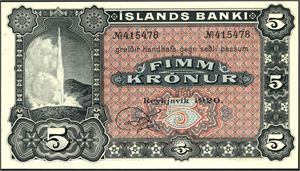 5 kroner 1920, No. 415478. Blankett med kun 1 underskrift.  0
