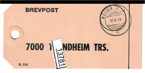 SØR-TRØNDELAG Sekkelapp med hjelpestempel "NERSKOGEN 10 8 84"