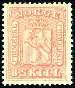 9. 8 skill. Et friskt merke med en stor del av limet inntakt. (7.200,-).