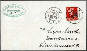 375. 25 øre Løveprovisorie på konvolutt, anert med KPH "Eikeli" (AA, 8 pkt). Logo til "Caspar Smith" i Markveien i øvre venstre hjørne. Maskinstempel "Kristiansand S 6.7.49" på baksiden.