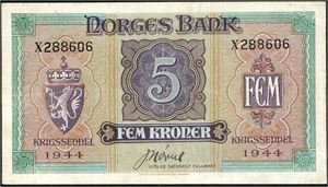 5 kroner London 1944, serie X 288606. 1+