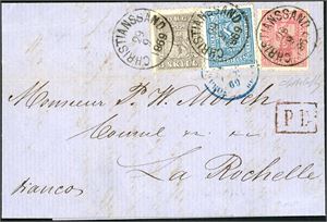 7,14,15. 15 skillings porto til Frankrike. 3 skill sammen med en 4 skill 4 og en 8 skill 8 på brevomslag til La Rochelle, stemplet "Christianssand 29.9.1869". Ved siden fransk transittstempel. Baksiden stemplet "Sandøsund" og "La Rochelle". Attest L. Nielsen.