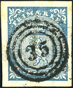 1. 4 skilling våpen 1855, anert med nummerstempel "35" (Brevig, TE). Gode- til normale marger. Et par mindre rustflekker i margen.