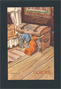 KUNSTNERKORT-AUKRUST Nisse som leter i kiste (Oppi 602/4) brukt 1963. Medfølger noen andre kort med nisser