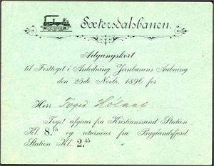 Sætersdalsbanen. Adgangskort til Festtoget i Anledning Jernbanens Aabning den 25de Novbr. 1896.