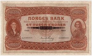 1000 kroner 1947 A.0490418. Kv.01