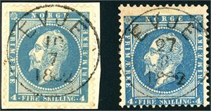 4 a,4 c. To 4 skilling Oscar, begge pent stemplet "Evje" i 1862.