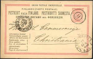 10 Penni stationary-card dated "Hfors 22/9 85", cancelled with number "6". Sent via Hangø, St. Petersburg, Stockholm and Kongsvinger to Christiania.