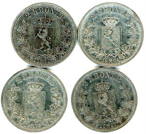 Ni stk 2 kroner: 1892, 97, 98 (riper), 1904, 07 Jubileum, 08, 12, 1914 "Mor Norge" og 1916. VK