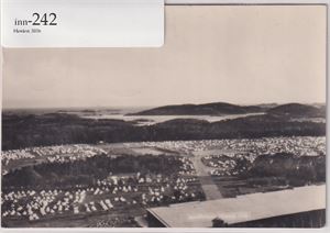 Speiding SPEIDING. A6 oversikt speiderbyen Mandal 1948, postg. fra arrangement 9.7.48 med IIA-stpl., del på to merkater som er påsatt.