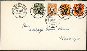Fire V-merker på konvolutt, annullert med HKP "Fiansvingen" (AA, 7 pkt). Ved siden stemplet "Tvedestrand 26.11.41".