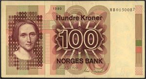 100 kroner 1980, serie HB 0150087. Erstatningsseddel.