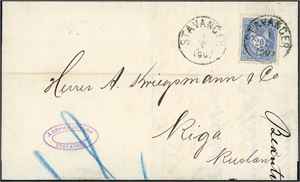 54 I. 20 øres porto til Russland. 20 øre 20 mm på konvolutt til Riga, stemplet "Stavanger 1.8.1887". Ankomststempel på baksiden.