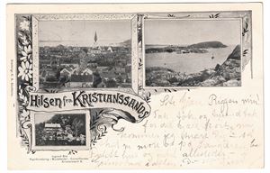 HILSEN FRA KRISTIANSAND S (Ingvard Bøe). Udelt bakside, sendt til Kristiania 1901