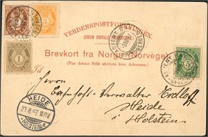 50,73,75,76. fire posthornmerker på et "Hilsen fra Spitsbergen"-kort, stemplet "Advendt Bay Spitsbergen 9.8.97" og sendt til Holstein.