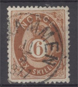 NK 20 Drammen 11-5-1877 på 6 skilling ph.  Ett par litt snaue tg..