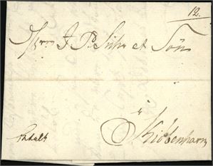 Komplett betalt brev fra Bergen 22 mai 1807 til Kjøbenhavn. Påskrevet porto "12" (Lsk.) i øvre høyre hjørne. Karteringnummer "47" påskrevet baksiden.