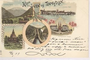 Telemark. Hilsen fra Skien og Telemarken.  Kolorert 5-delt motiv (Beilegaard) Stemplet 20-VI-1899