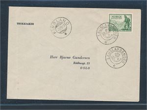 Kph "LAUSLANDSMOEN" sidestemplet "FINSLAND 3-XII-47" på trykksaksbrev med vertikal brett venstre side