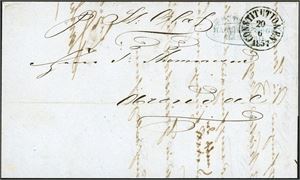 Komplett ufrankert brev, datert  i Hamburg", stemplet "Constitutionen 20.6.1857" i sort og send til Arendal. Brevet er i tillegg påskrevet "pr St. Olaf" da avsender ikke hadde riktige kunnskaper om rutetidene.  Signert FCM.
